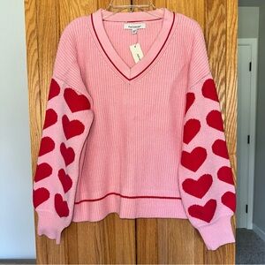 NWT Francesca's Collections Pink and Red Heart V-Neck Sweater XS oversized